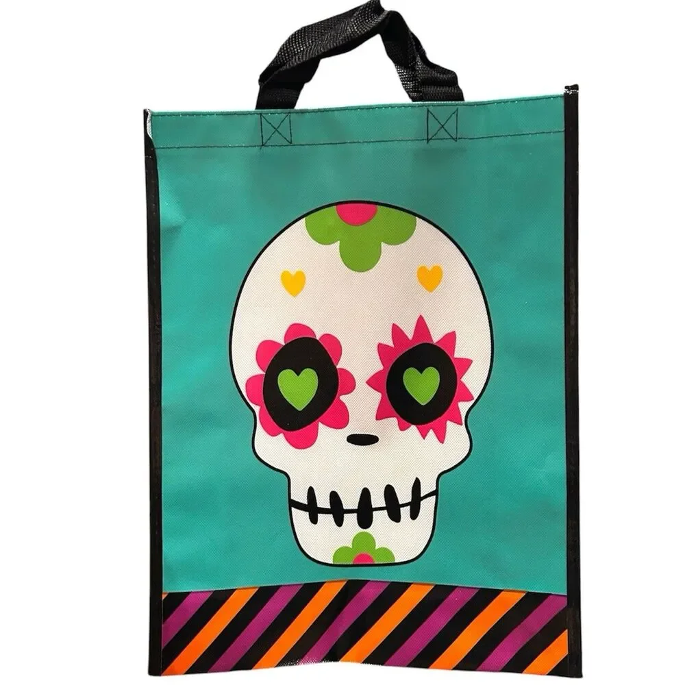 3x Looking Spooky Colorful Skull Halloween Reusable Trick Or Treat Bag 16” x 13”